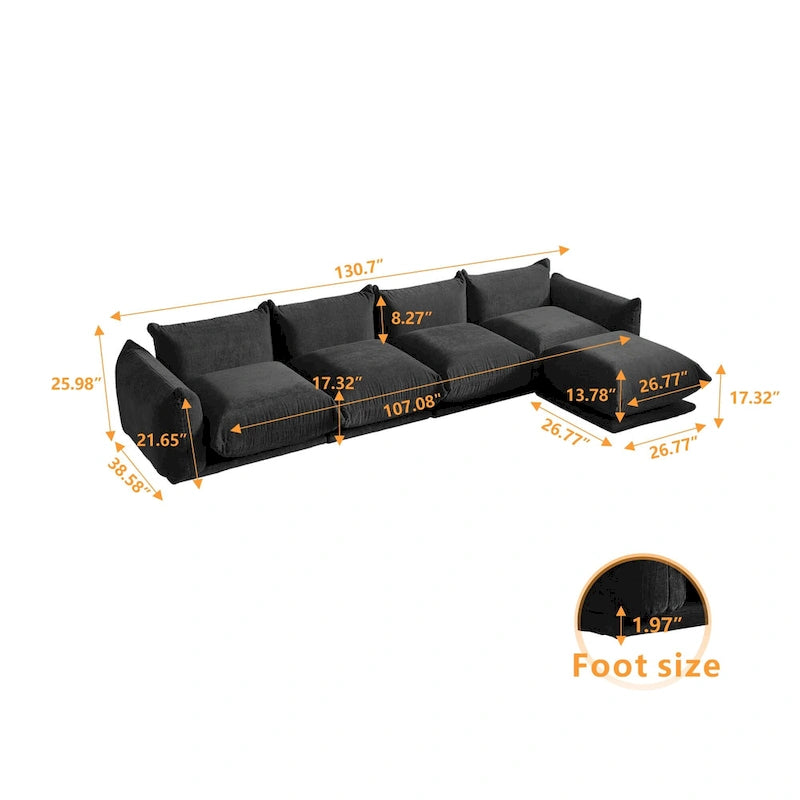 Canapé d'angle moderne en chenille noire, canapé modulable confortable avec pouf