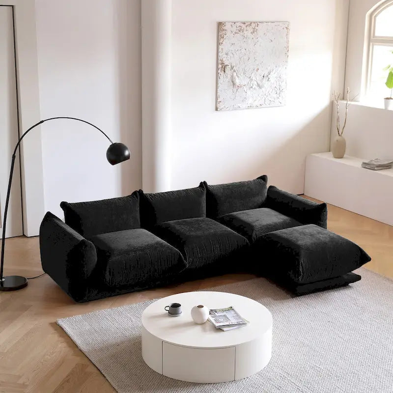 Canapé d'angle moderne en chenille noire, canapé modulable confortable avec pouf