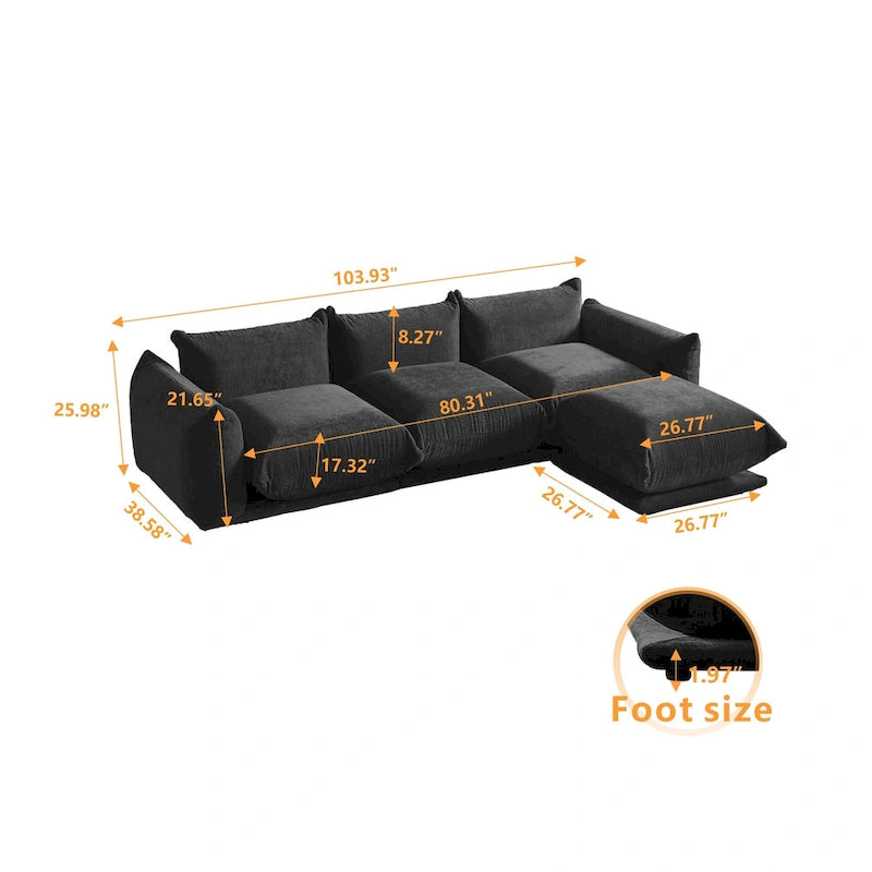 Canapé d'angle moderne en chenille noire, canapé modulable confortable avec pouf