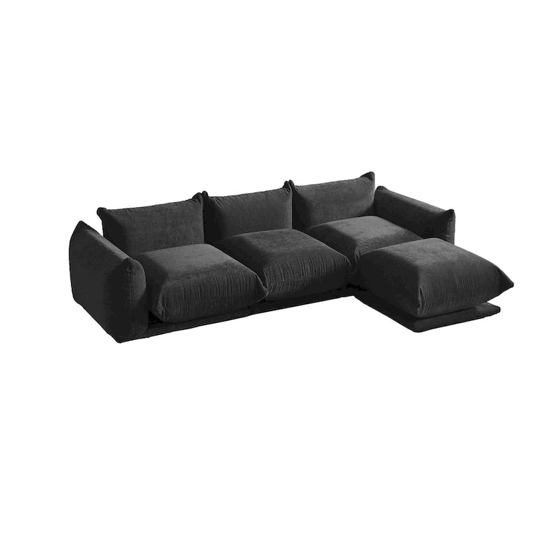 Canapé d'angle moderne en chenille noire, canapé modulable confortable avec pouf