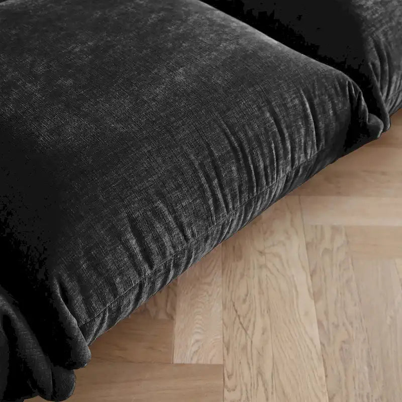 Canapé d'angle moderne en chenille noire, canapé modulable confortable avec pouf