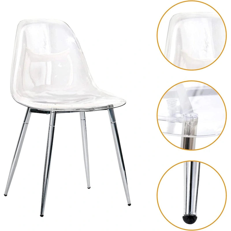 Chaises d'appoint modernes en plastique transparent avec pieds en métal.