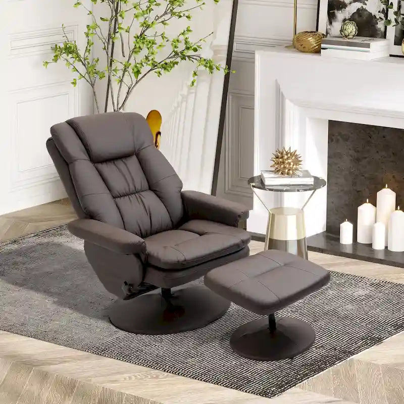 Fauteuil inclinable et repose-pieds HOMCOM avec base enveloppée, fauteuil inclinable pivotant en cuir PU avec repose-pieds pour salon