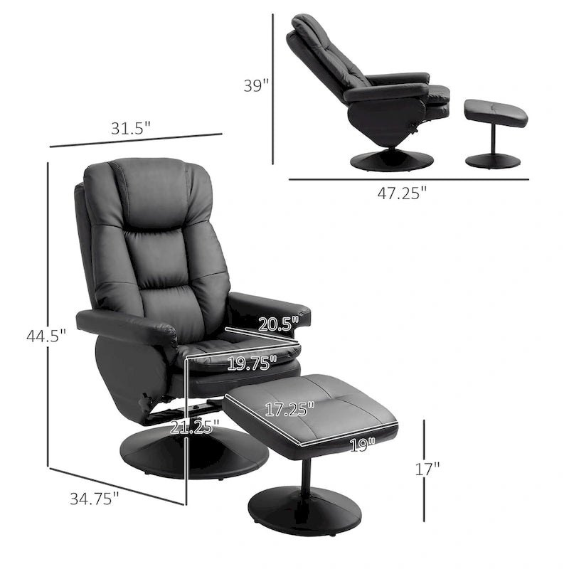 Fauteuil inclinable et repose-pieds HOMCOM avec base enveloppée, fauteuil inclinable pivotant en cuir PU avec repose-pieds pour salon