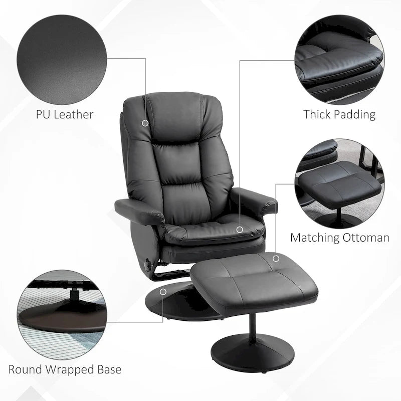 Fauteuil inclinable et repose-pieds HOMCOM avec base enveloppée, fauteuil inclinable pivotant en cuir PU avec repose-pieds pour salon