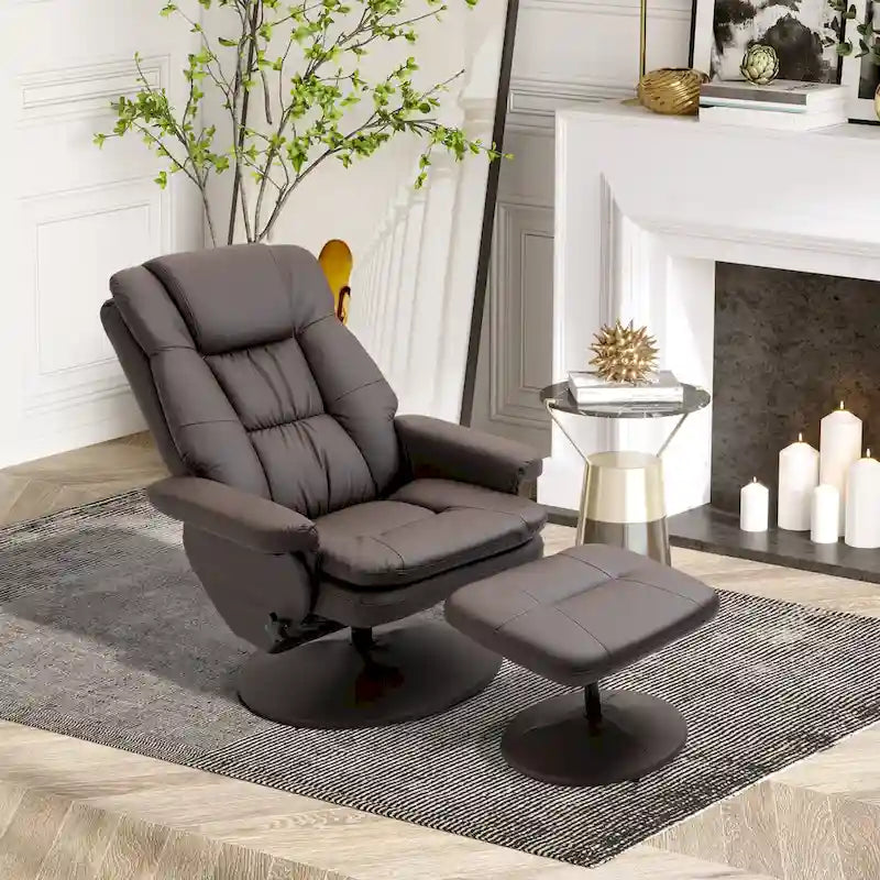 Fauteuil inclinable et repose-pieds HOMCOM avec base enveloppée, fauteuil inclinable pivotant en cuir PU avec repose-pieds pour salon