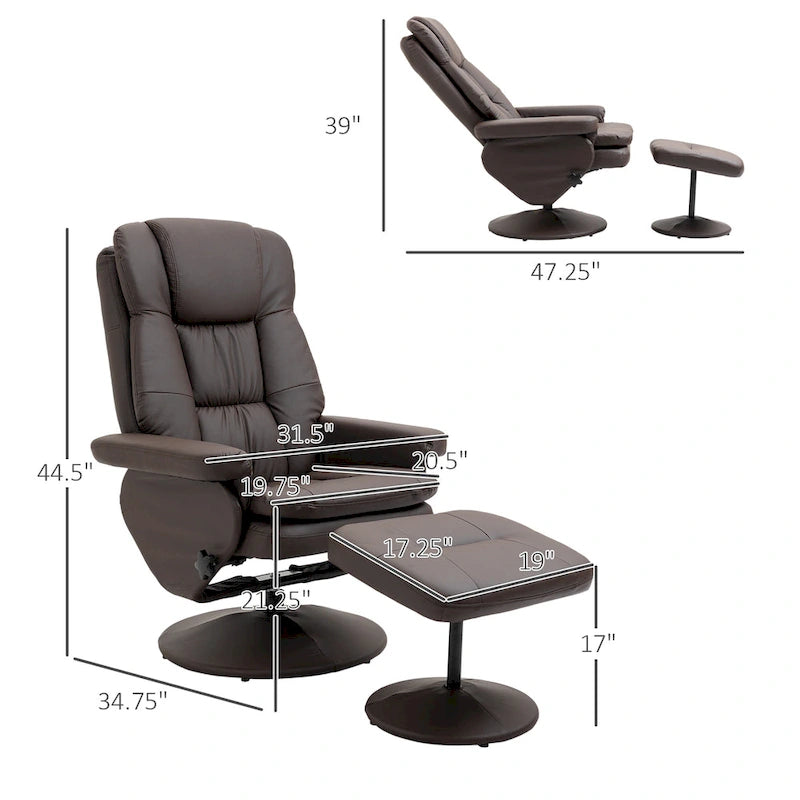 Fauteuil inclinable et repose-pieds HOMCOM avec base enveloppée, fauteuil inclinable pivotant en cuir PU avec repose-pieds pour salon