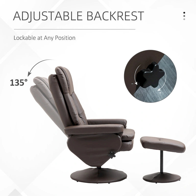 Fauteuil inclinable et repose-pieds HOMCOM avec base enveloppée, fauteuil inclinable pivotant en cuir PU avec repose-pieds pour salon