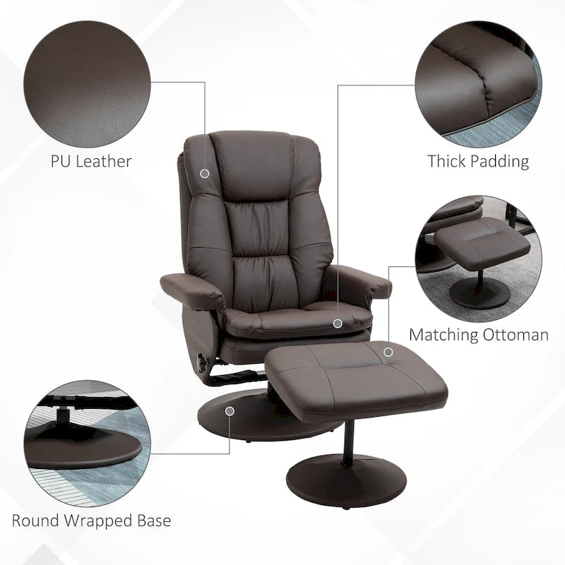 Fauteuil inclinable et repose-pieds HOMCOM avec base enveloppée, fauteuil inclinable pivotant en cuir PU avec repose-pieds pour salon