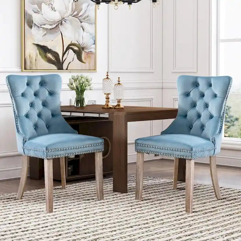 Ensemble de 2 chaises de salle à manger en velours, chaises de salle à manger haut de gamme capitonnées avec dossier clouté et poignées anneaux, pieds en bois massif