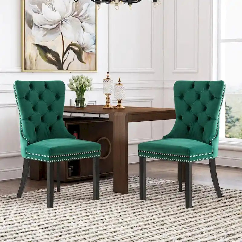 Ensemble de 2 chaises de salle à manger en velours, chaises de salle à manger haut de gamme capitonnées avec dossier clouté et poignées anneaux, pieds en bois massif