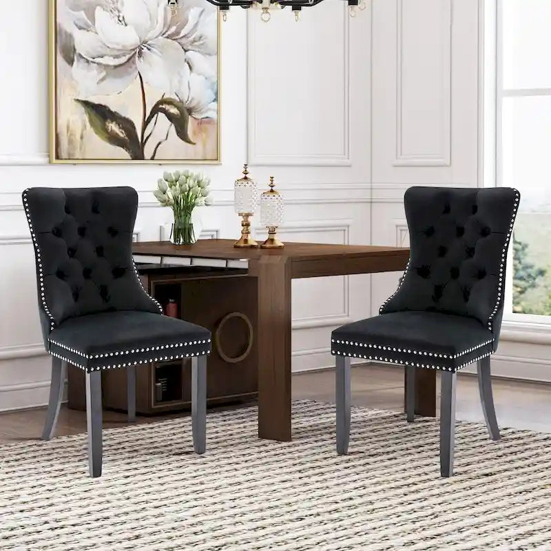 Ensemble de 2 chaises de salle à manger en velours, chaises de salle à manger haut de gamme capitonnées avec dossier clouté et poignées anneaux, pieds en bois massif
