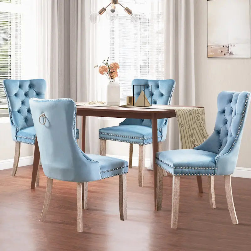 Ensemble de 2 chaises de salle à manger en velours, chaises de salle à manger haut de gamme capitonnées avec dossier clouté et poignées anneaux, pieds en bois massif