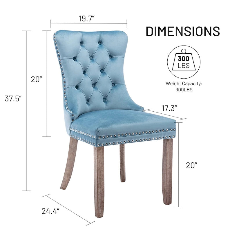 Ensemble de 2 chaises de salle à manger en velours, chaises de salle à manger haut de gamme capitonnées avec dossier clouté et poignées anneaux, pieds en bois massif