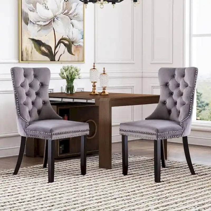 Ensemble de 2 chaises de salle à manger en velours, chaises de salle à manger haut de gamme capitonnées avec dossier clouté et poignées anneaux, pieds en bois massif