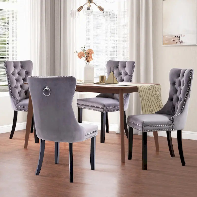 Ensemble de 2 chaises de salle à manger en velours, chaises de salle à manger haut de gamme capitonnées avec dossier clouté et poignées anneaux, pieds en bois massif