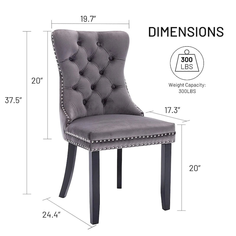 Ensemble de 2 chaises de salle à manger en velours, chaises de salle à manger haut de gamme capitonnées avec dossier clouté et poignées anneaux, pieds en bois massif