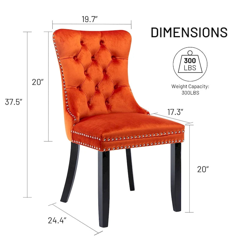 Ensemble de 2 chaises de salle à manger en velours, chaises de salle à manger haut de gamme capitonnées avec dossier clouté et poignées anneaux, pieds en bois massif