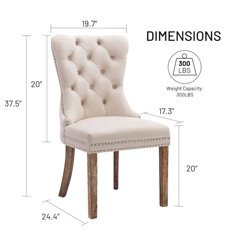 Ensemble de 2 chaises de salle à manger en velours, chaises de salle à manger haut de gamme capitonnées avec dossier clouté et poignées anneaux, pieds en bois massif