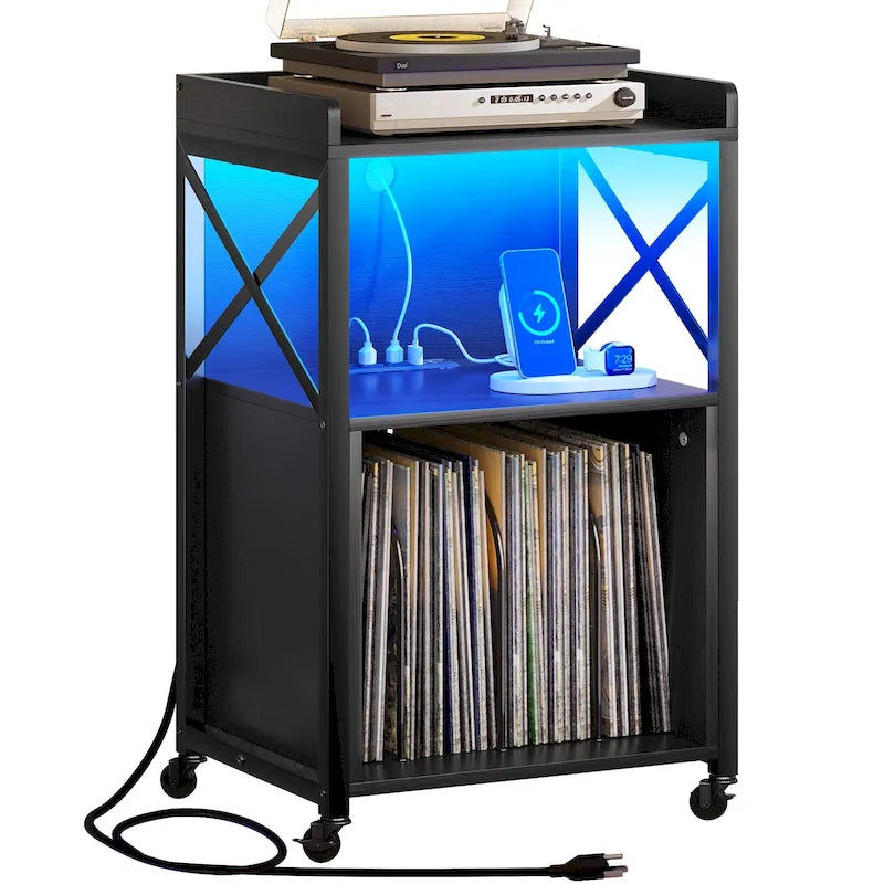 Support de platine vinyle Moasis à roulettes avec éclairage LED et station de charge