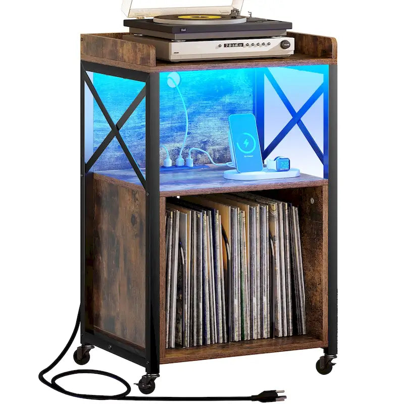 Support de platine vinyle Moasis à roulettes avec éclairage LED et station de charge