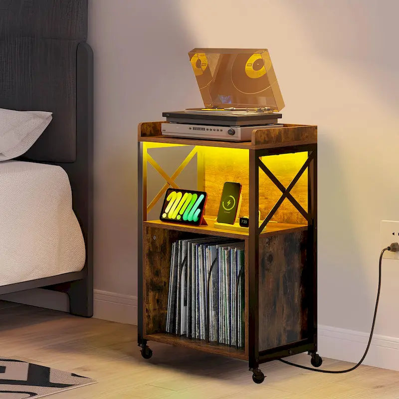 Support de platine vinyle Moasis à roulettes avec éclairage LED et station de charge