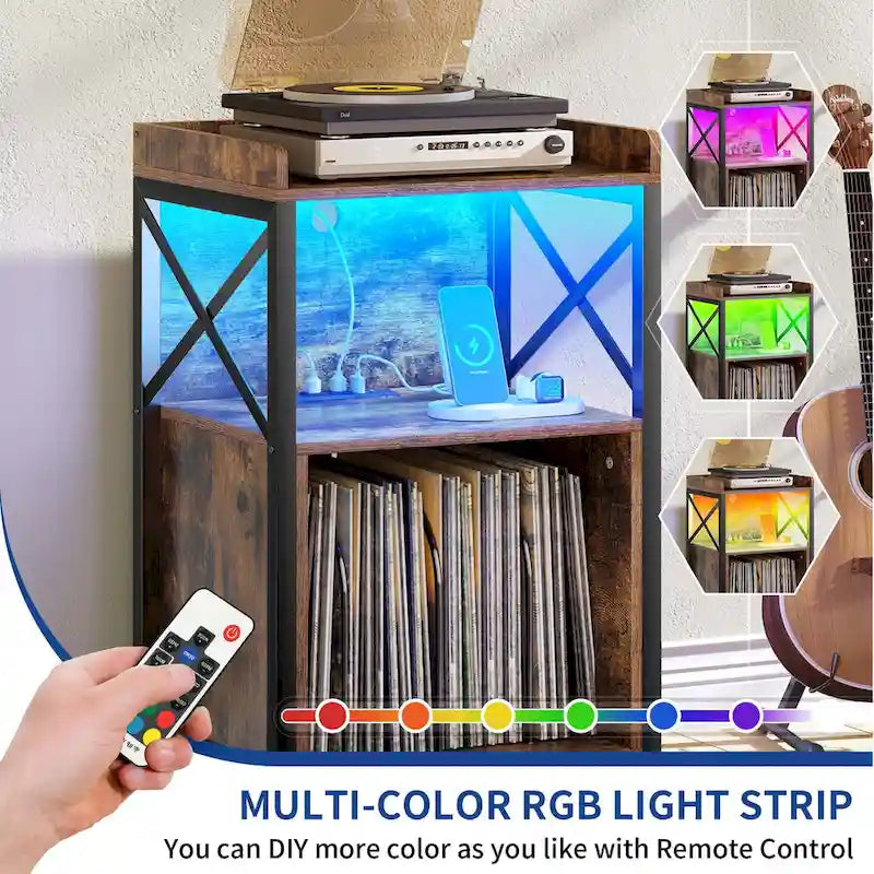 Support de platine vinyle Moasis à roulettes avec éclairage LED et station de charge