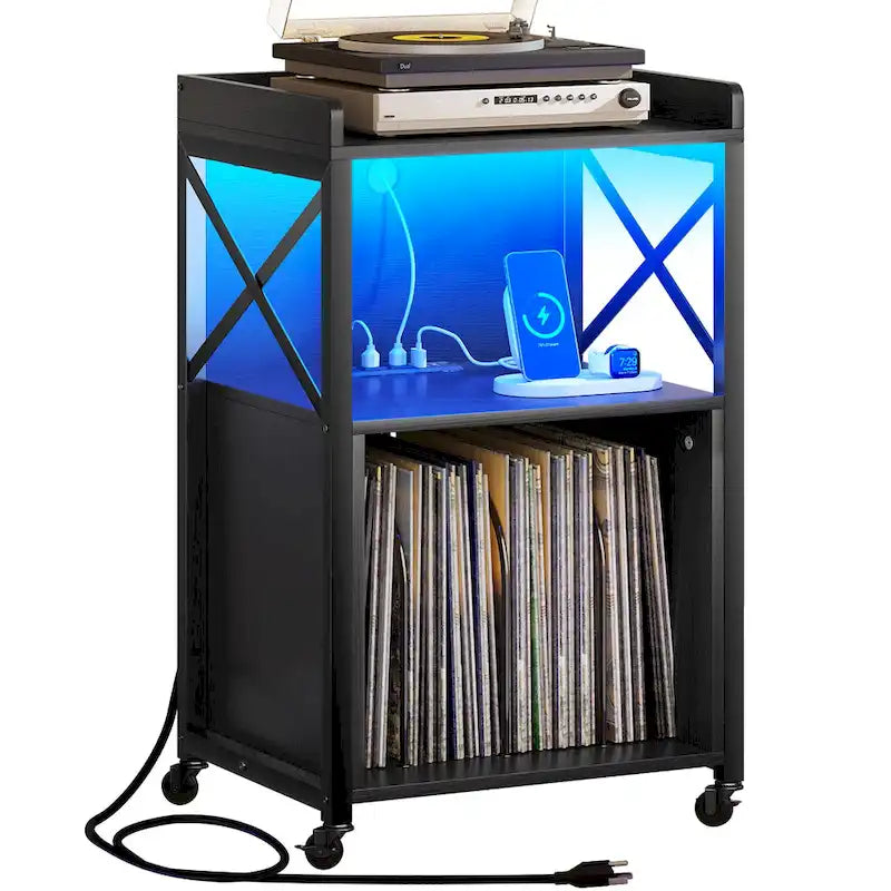 Support de platine vinyle Moasis à roulettes avec éclairage LED et station de charge