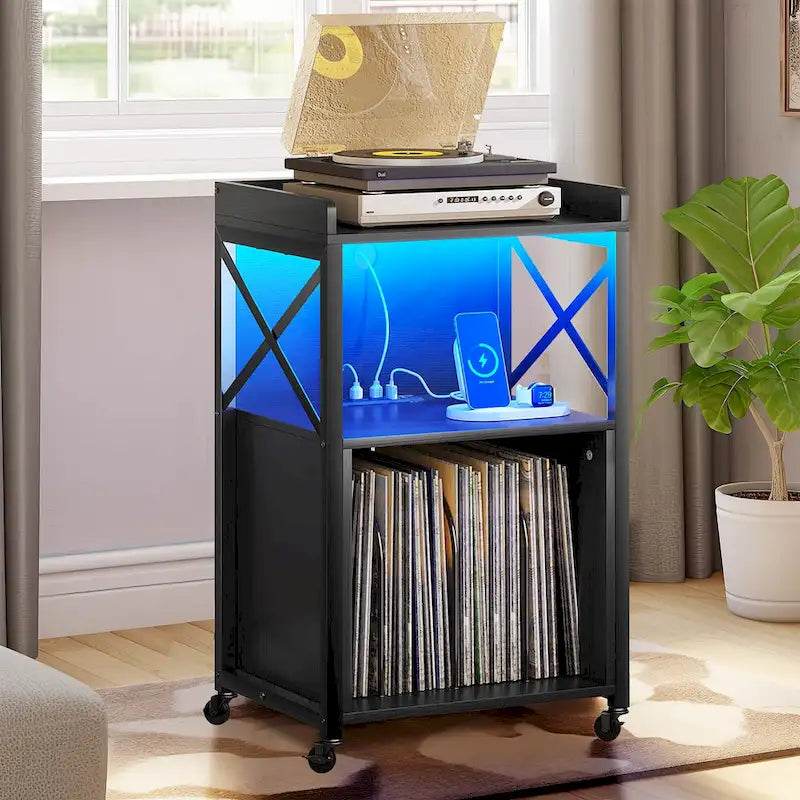 Support de platine vinyle Moasis à roulettes avec éclairage LED et station de charge
