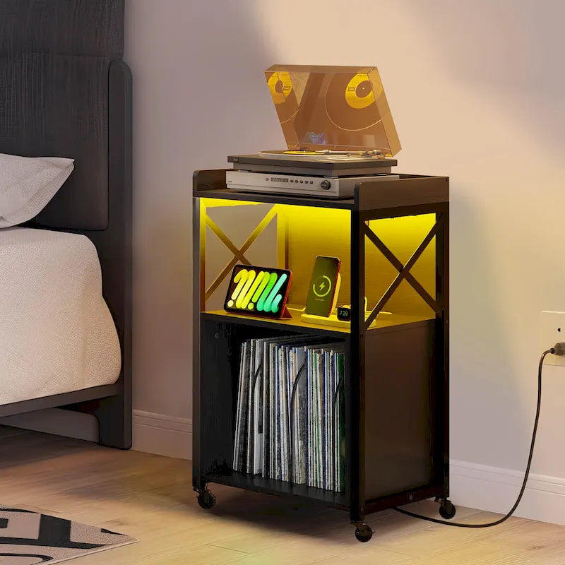 Support de platine vinyle Moasis à roulettes avec éclairage LED et station de charge