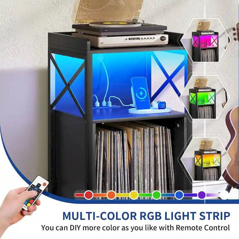 Support de platine vinyle Moasis à roulettes avec éclairage LED et station de charge