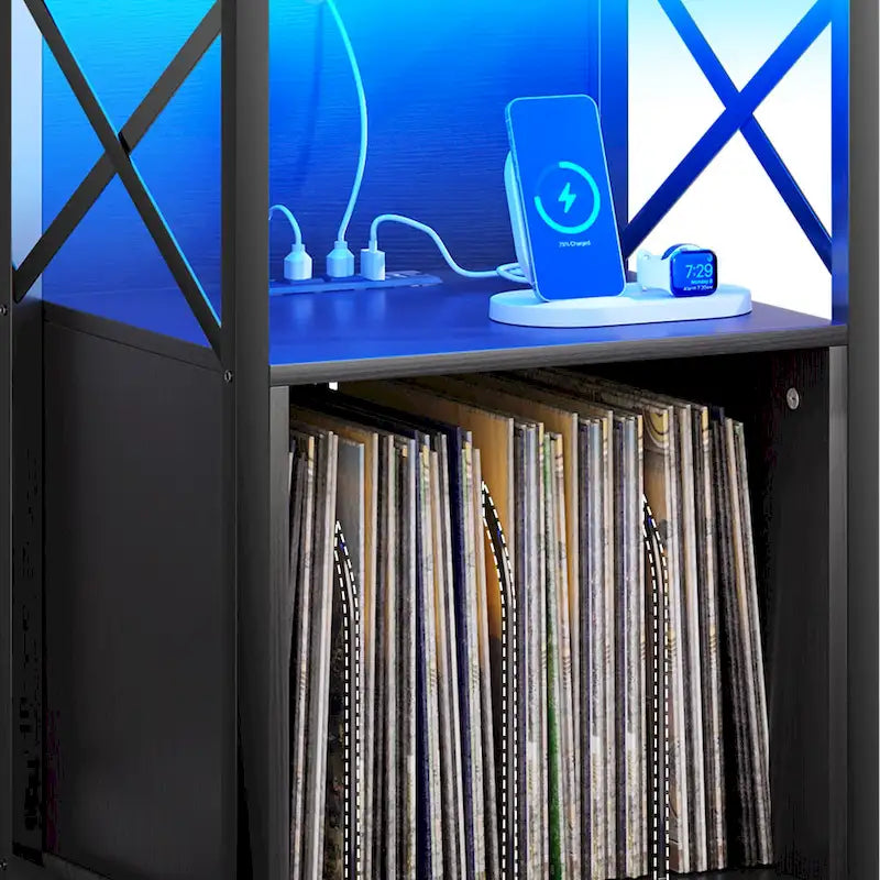 Support de platine vinyle Moasis à roulettes avec éclairage LED et station de charge