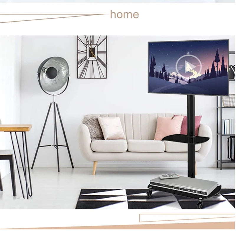 Support TV mobile réglable en verre trempé avec cadre en métal et roulettes verrouillables