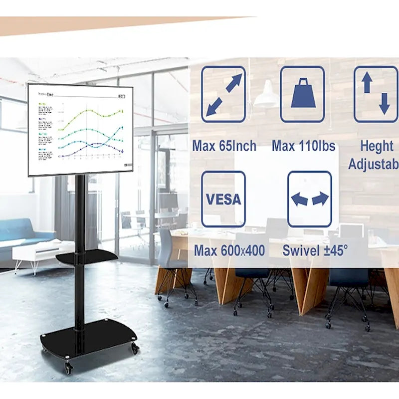 Support TV mobile réglable en verre trempé avec cadre en métal et roulettes verrouillables