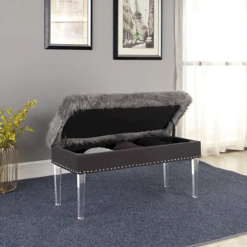Banc de rangement Horice de 50 cm (20 pouces) en fausse fourrure cloutée avec pieds en acrylique