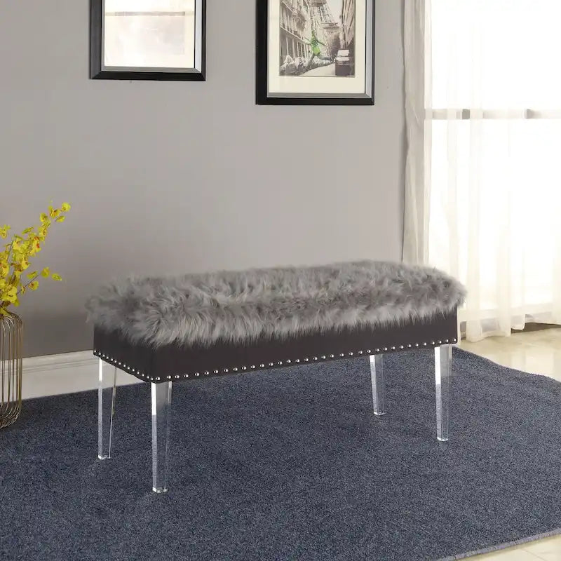 Banc de rangement Horice de 50 cm (20 pouces) en fausse fourrure cloutée avec pieds en acrylique