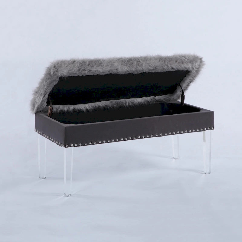 Banc de rangement Horice de 50 cm (20 pouces) en fausse fourrure cloutée avec pieds en acrylique