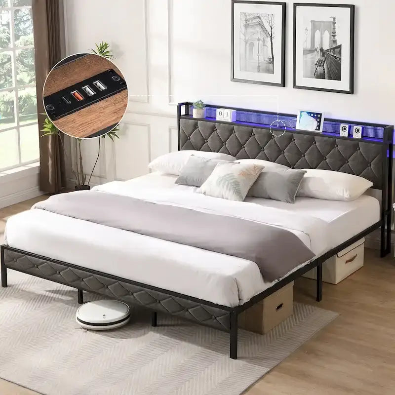 Cadre de lit King avec tête de lit de rangement, station de recharge et éclairage LED, sommier à lattes métalliques rembourré, sans sommier tapissier.