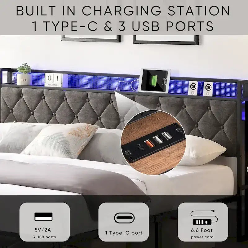 Cadre de lit King avec tête de lit de rangement, station de recharge et éclairage LED, sommier à lattes métalliques rembourré, sans sommier tapissier.