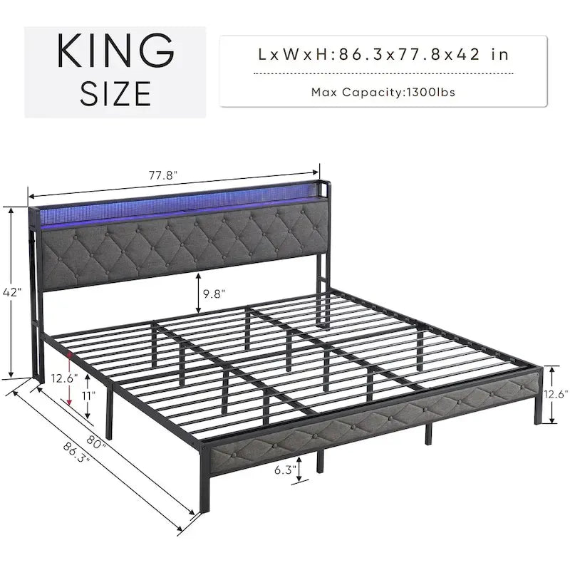 Cadre de lit King avec tête de lit de rangement, station de recharge et éclairage LED, sommier à lattes métalliques rembourré, sans sommier tapissier.