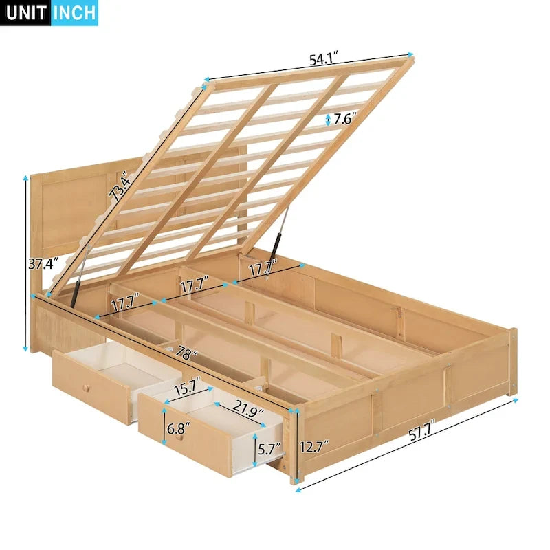 Lit plateforme en bois avec rangement en dessous et 2 tiroirs