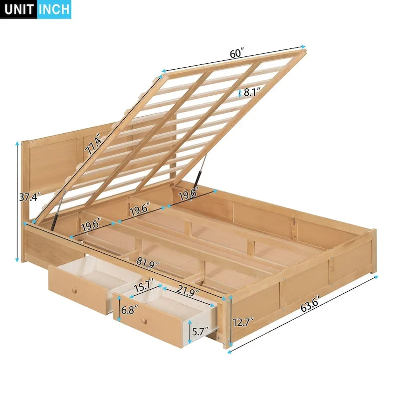 Lit plateforme en bois avec rangement en dessous et 2 tiroirs
