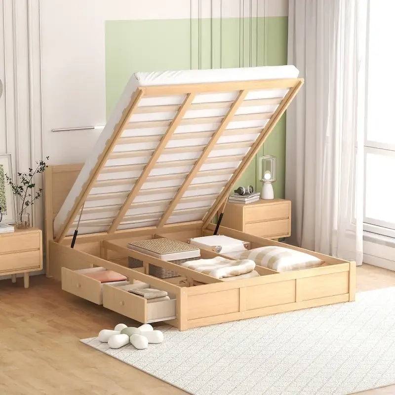 Lit plateforme en bois avec rangement en dessous et 2 tiroirs