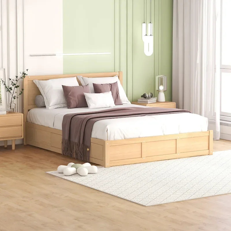 Lit plateforme en bois avec rangement en dessous et 2 tiroirs