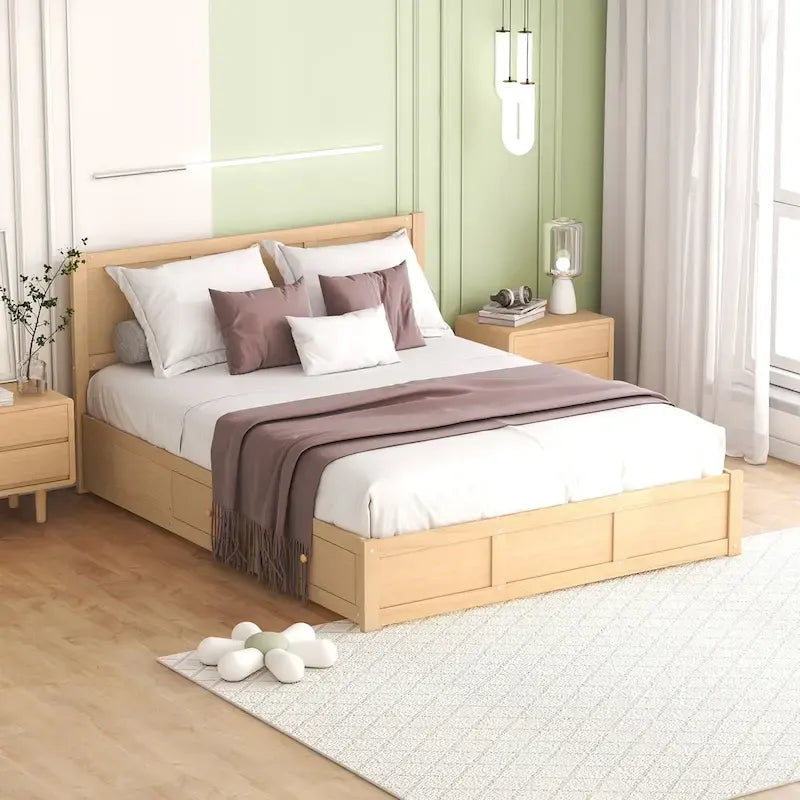 Lit plateforme en bois avec rangement en dessous et 2 tiroirs
