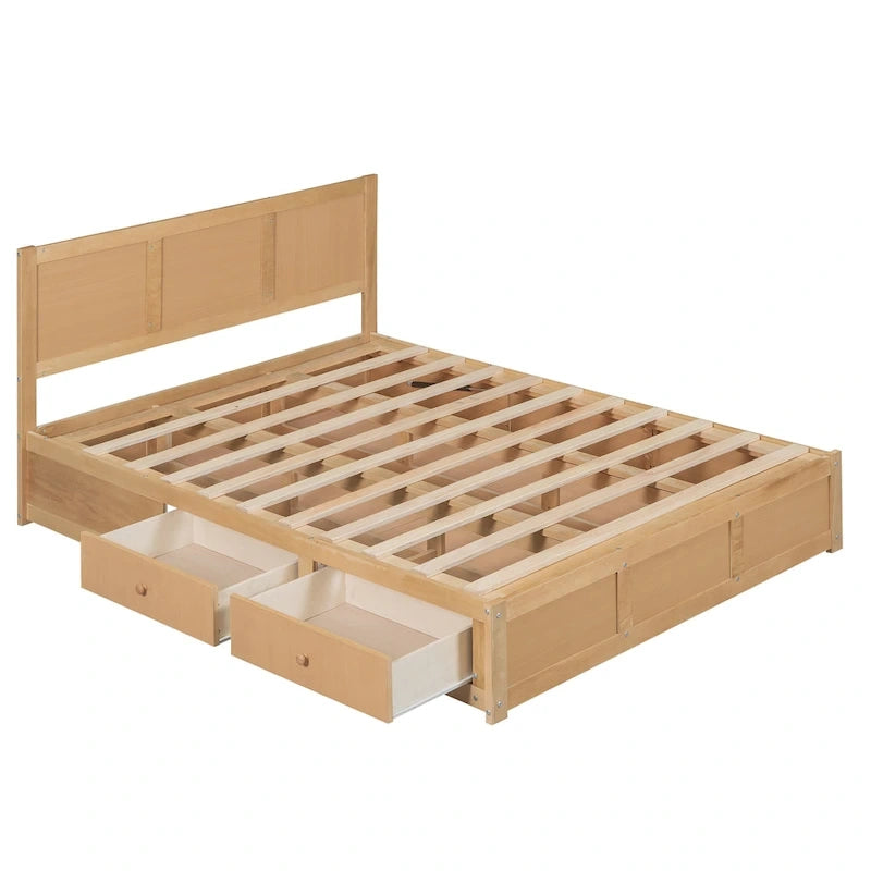 Lit plateforme en bois avec rangement en dessous et 2 tiroirs