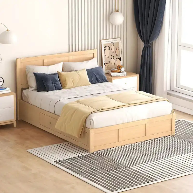 Lit plateforme en bois avec rangement en dessous et 2 tiroirs