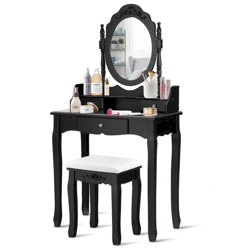 Ensemble coiffeuse en bois avec miroir et tabouret, noir/blanc