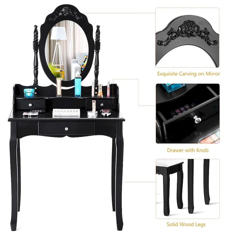 Ensemble coiffeuse en bois avec miroir et tabouret, noir/blanc