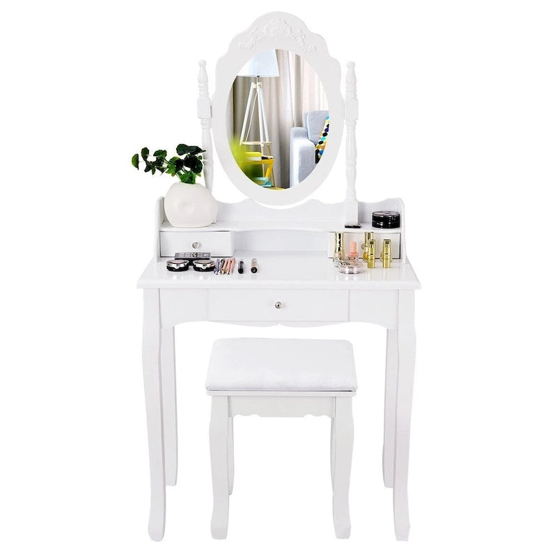 Ensemble coiffeuse en bois avec miroir et tabouret, noir/blanc